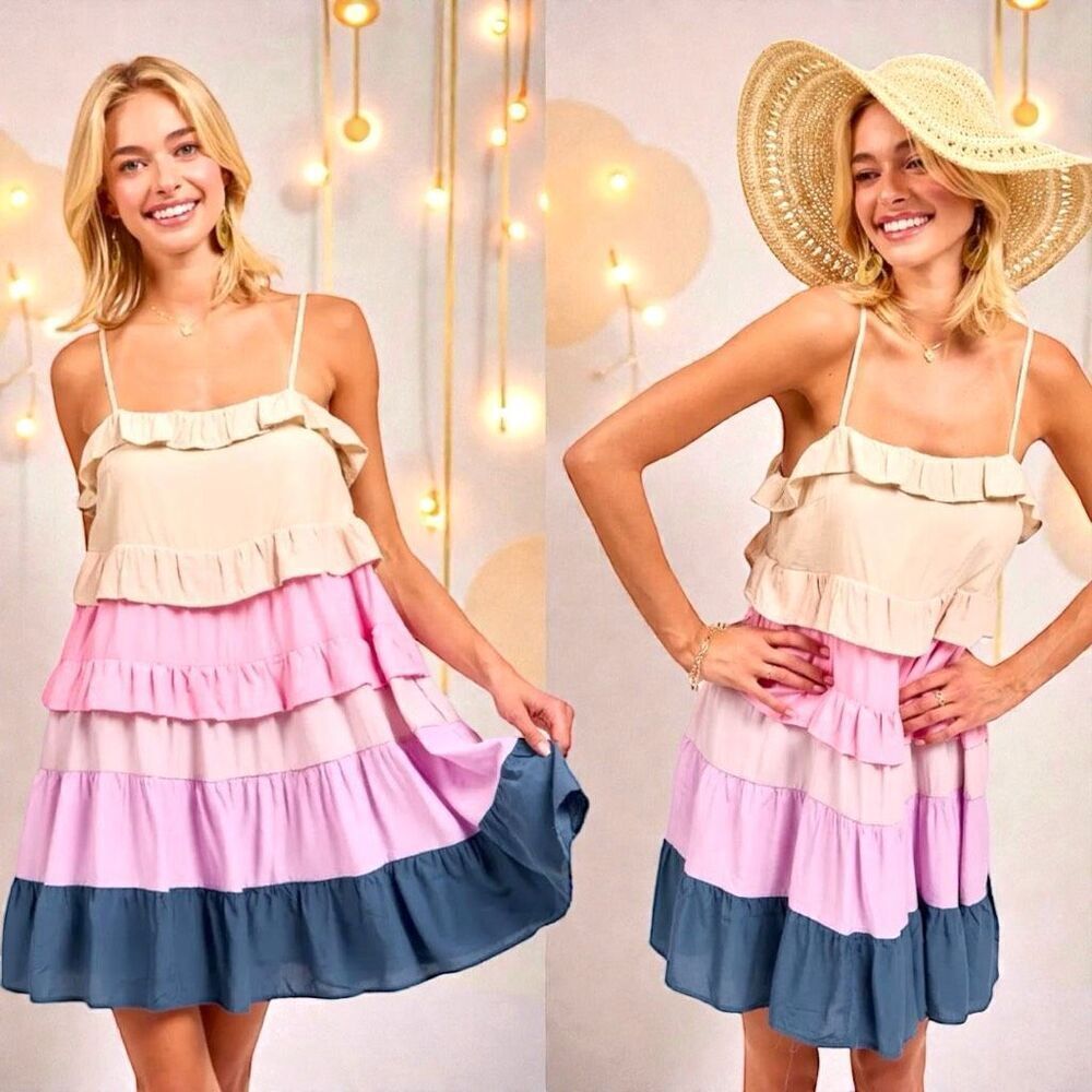 BiBi Color Blocked Ruffled Tiered Dress Medium NWT | - Picture 2 of 14